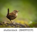 Close-up of a tiny bird standing on a mossy surface outdoors