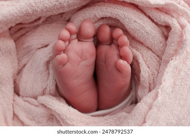 Close-up of tiny, cute, bare toes, heels and feet of a newborn girl, boy. Baby foot on pink soft coverlet, blanket. Detail of a newborn baby legs. Macro horizontal professional studio photo.  - Powered by Shutterstock