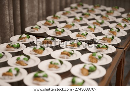 Close-up and top view of assorted appetizers beautifully arranged on multiple white plates, prepared for a catering event or buffet. The dishes feature a variety of bite-sized foods, neatly presented and ready to be served to guests in a formal or festive setting.