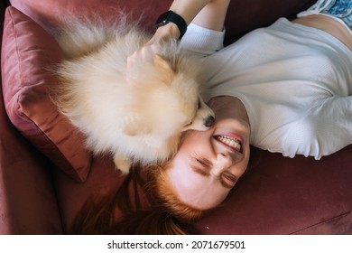 Close-up Top View Of Cute White Small Spitz Pet Dog Lovely Licking Face Of Laughing Young Woman Lying On Comfortable Sofa. Attractive Redhead Female Spending Free Time With Fluffy Doggy At Home.