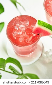 Close-up Top View Of Fresh Drink With Watermelon And Mint, Cold Summer Lemonade, Juice With Slices On White Background.