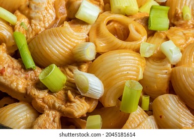 Close-up Top View Green Spring Onions On Snail Pasta With Chicken In Sauce In Glass Plate