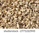 Close-up top view of light-colored chopped wood chips forming a rough, uneven texture. Background for landscaping, gardening mulch, timber industry, biomass fuel, and natural materials concepts.