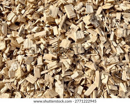 Close-up top view of light-colored chopped wood chips forming a rough, uneven texture. Background for landscaping, gardening mulch, timber industry, biomass fuel, and natural materials concepts.
