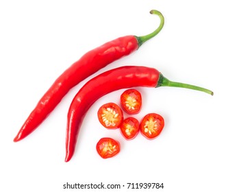 Closeup top view red chili pepper with sliced on white background, raw food ingredient concept