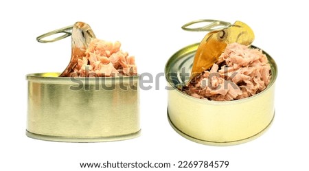 Closeup top view and side view open can of preserve food, tuna flakes in round golden cans isolated on white background, copy space. Preserve food canned concept.