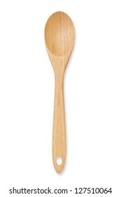 Close-up top view of wooden spoon isolated over white.