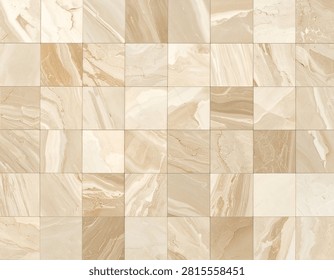 A close-up, top-down view of a tiled surface with a natural stone or marble-like appearance. The tiles are arranged in a grid pattern, with each square featuring swirling patterns of beige, cream, and light brown.
