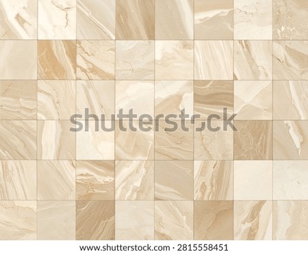 A close-up, top-down view of a tiled surface with a natural stone or marble-like appearance. The tiles are arranged in a grid pattern, with each square featuring swirling patterns of beige, cream, and light brown.