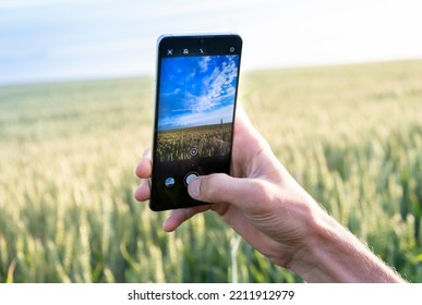 Close-Up Of Tourist Hands Is Taking Pictures On Her Smart Phone With Rural Scene Of Agricultural Fields During Sunset.