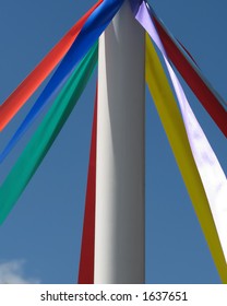 Closeup Of Traditional May Pole With Colored Ribbons