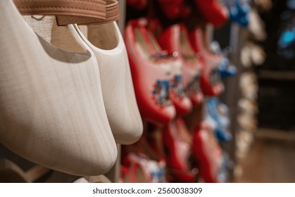 Close-up of traditional wooden clogs, both unpainted and vibrantly decorated, displayed on shelves in a rustic indoor shop, highlighting cultural craftsmanship and artistic design. - Powered by Shutterstock