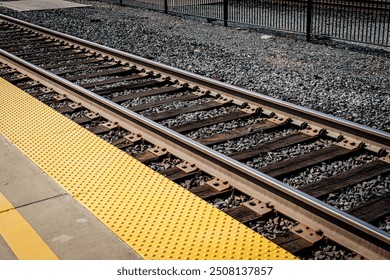 Closeup of train tracks with a safety line with yellow bump texture line on a  passenger platform at an empty train station, no people, California US - Powered by Shutterstock