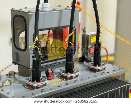 Close-up of transformer. Terminals Conection Cable on  High voltage transformer