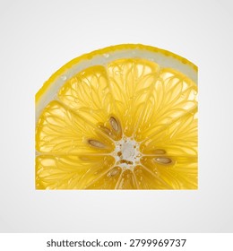 Close-up of a translucent lemon slice with water droplets and visible pulp