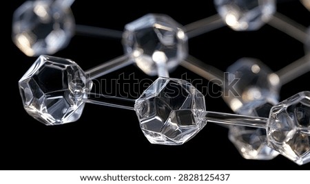 Close-up of a transparent crystal structure, resembling a molecular model, against a dark background.