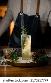 Close-up Of A Transparent Glass With An Ice Cube And A Drink Decorated With A Green Branch On A Round Tray With Pine Cones