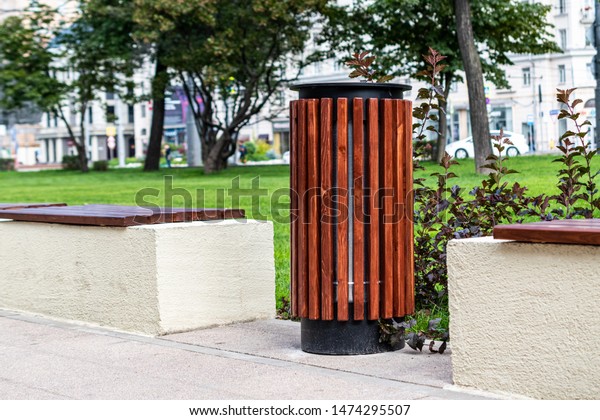 Closeup Trash Cans Benches City Bench Parks Outdoor Stock Image