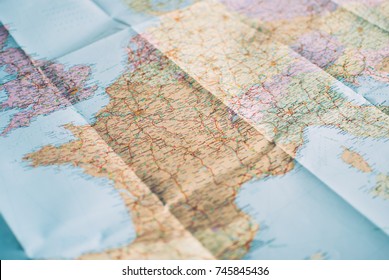 Closeup Of A Traveler's Road Map In Vintage Retro Colors.  Western Europe