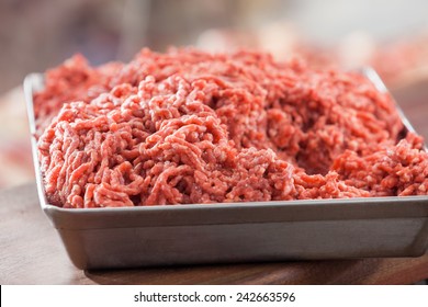 Closeup of tray filled with minced meat in butchery