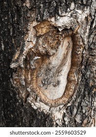 A close-up of tree bark with a rough, textured surface and a circular, light-colored knot.