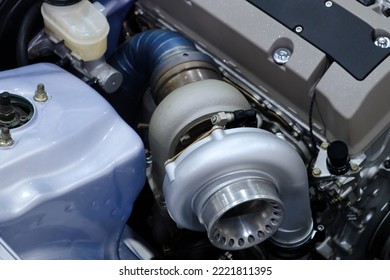 Close-up Turbo Charger Engine On Car Bonnet For Modify And Tune Up Power Speed Of Car