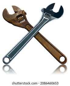 Closeup of two adjustable wrenches isolated on white background with reflections, one rusted and the other in stainless steel.