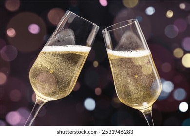 Close-up of two champagne glasses clinking, filled with bubbly champagne. Celebration with champagne, sparkling bubbles, and festive atmosphere. Cheers with champagne! - Powered by Shutterstock