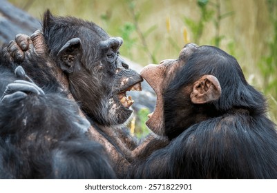 Close-up of two chimpanzees interacting, showcasing their expressions in a natural habitat.