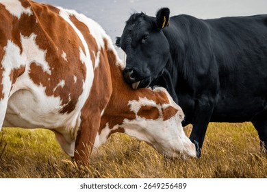 Close-Up of Two Cows Showing Affectionate Grooming in a Golden Field