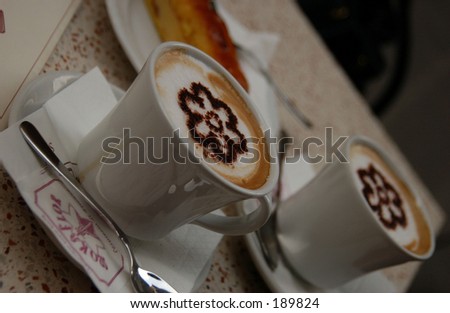 Close-up of two cups of coffee, Sun Gimignano, Tuscany, Italy,
