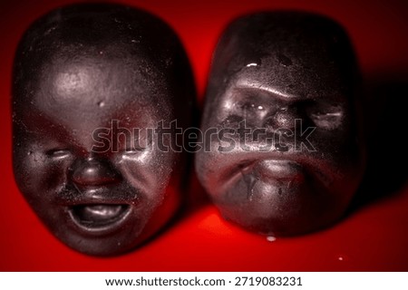 A close-up of two dark, sculptural faces placed face to face against a bright red background, highlighting symmetry, texture.