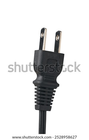 close-up of two flat parallel pins mains plug isolated white background, no earth or grounding pin, used for devices that draw low current