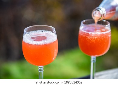 Closeup Of Two Glasses Of Juice Italian Drink Glass Bottle Carbonated Blood Orange Grapefruit Italian Soda And Bokeh Background Of Nature