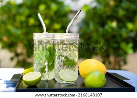 Close-up of two glasses of refreshing homemade mint, lemon and lime lemonade with reusable metal straws outdoors in summer.