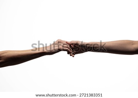 Close-up of two hands gently touching against a white background, symbolizing connection, support, or love. Includes ample copy space