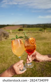 Close-up of two hands holding and clinking refreshing iced citrus drinks outdoors, garnished with dried orange slices, fresh mint, and rosemary. The colorful beverages are photographed in bright natural sunlight against a softly blurred rural landscape and blue sky, creating a summery celebration and social gathering concept.