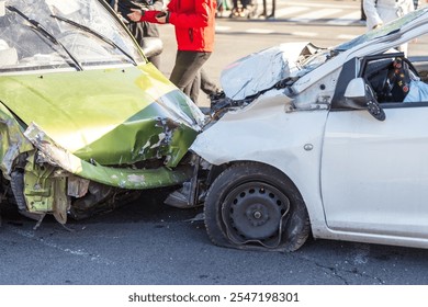 Close-up of two heavily damaged cars after a collision at a busy intersection - Powered by Shutterstock