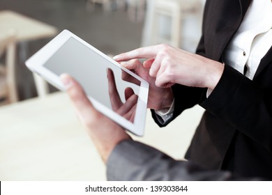 Closeup Two Modern Business People Working With Digital Tablet