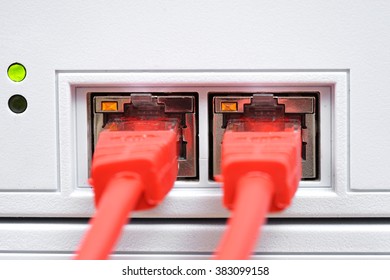 closeup of two network high speed ports on network switch