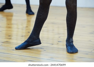 Close-up of two pairs of children legs wearing shimmery black tights and navy blue ballet flats standing on a hardwood dance floor - Powered by Shutterstock