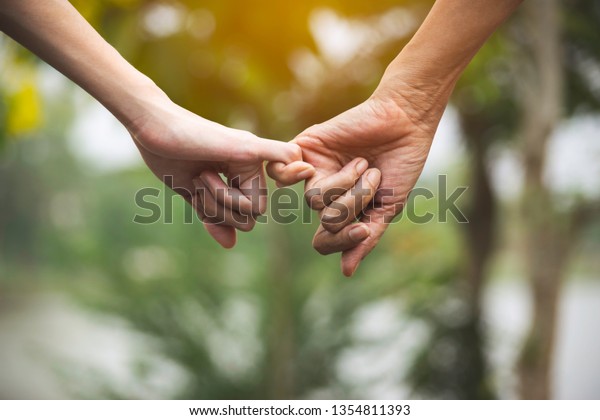 Closeup two person hook each other\'s little\
finger on nature\
background.