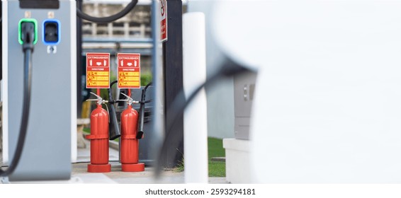 A close-up of two red fire extinguishers at an EV charging station with safety instructions above, ensuring emergency preparedness and highlighting fire safety measures in modern electric vehicle infr