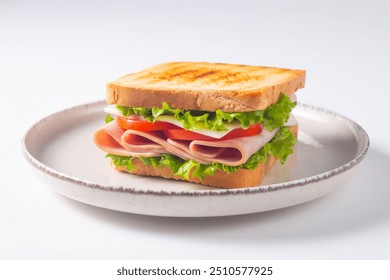 Close-up of two sandwiches with bacon, salami, prosciutto and fresh vegetables on rustic wooden cutting board. Club sandwich concept - Powered by Shutterstock