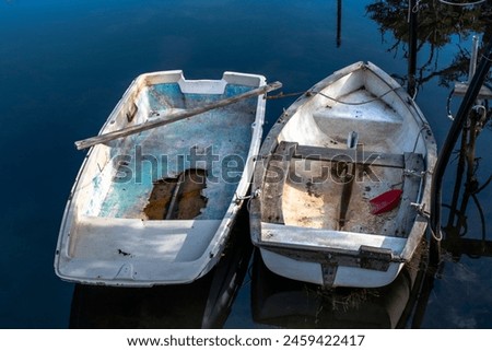 close-up of two small abandoned and broken fishing boats submerged in the water of the Venice lagoon