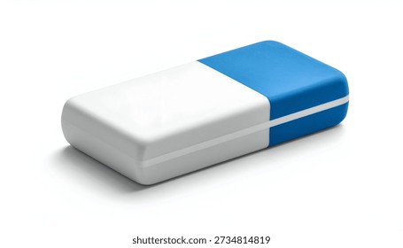 Close-up of a two-tone blue and white rectangular rubber writing tool on white