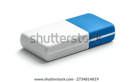 Close-up of a two-tone blue and white rectangular rubber writing tool on white