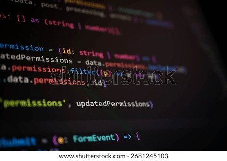 Close-up of TypeScript code demonstrating filter function used for updating user permissions, showing frontend access logic, data state control, and secure coding techniques in web development.