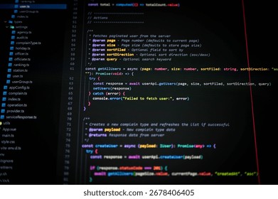 Close-up of TypeScript code on a dark theme IDE screen showing modern web development logic, async functions, and API calls. Perfect for tech, coding, or developer concepts.