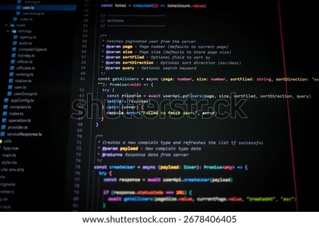 Close-up of TypeScript code on a dark theme IDE screen showing modern web development logic, async functions, and API calls. Perfect for tech, coding, or developer concepts.
